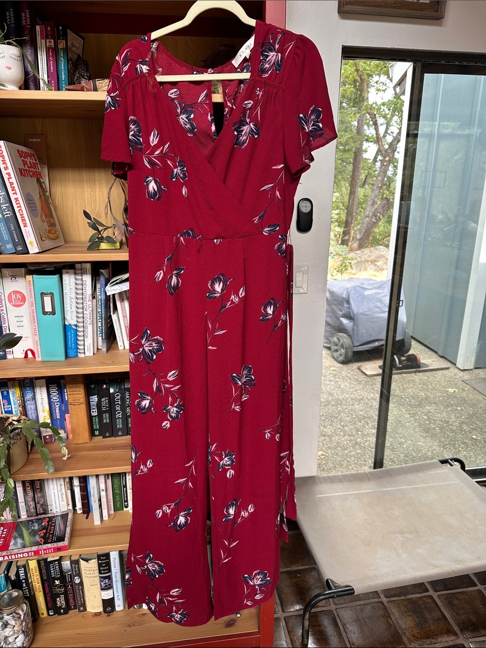 Women's Red Floral Wrap Jumpsuit with Short Sleeves